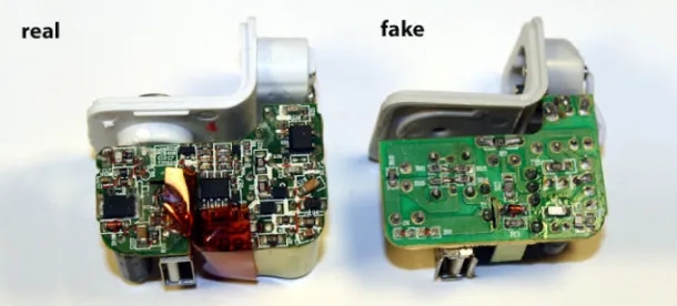 La diferencia por dentro entre un cargador fabricado por Apple (izquierda) y uno genérico (derecha). Imagen de Gizmodo. 