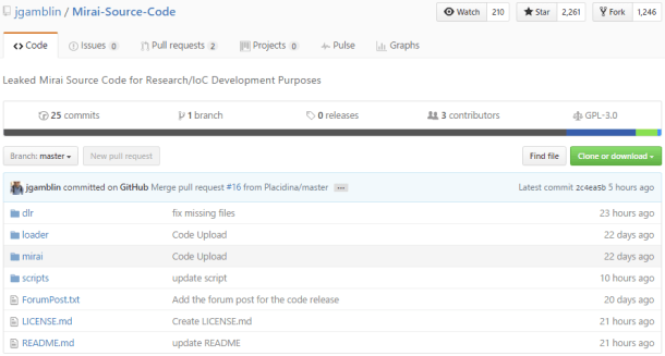 Figure 2. Captura del repositorio de Github en el que ha sido liberado el código fuente de la botnet Mirai. 