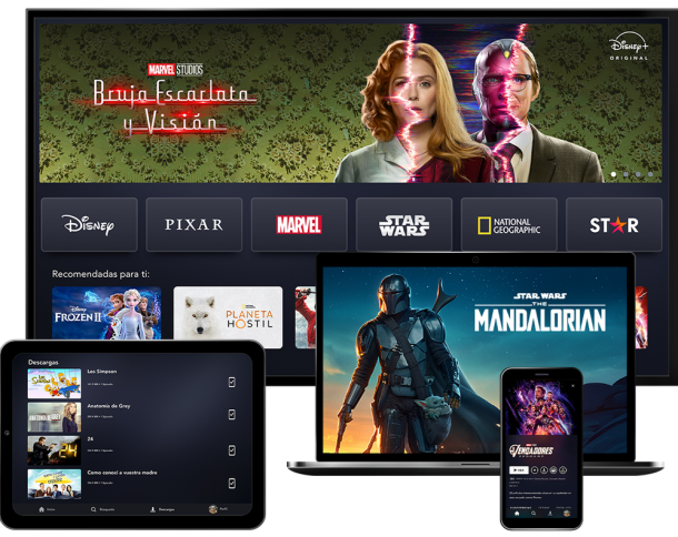 Películas y series de Disney+ en diferentes dispositivos.