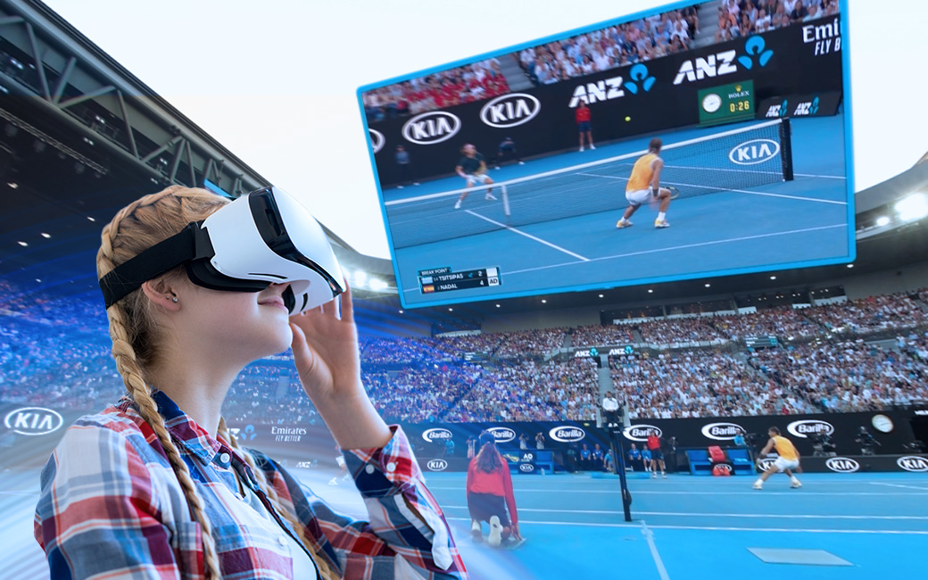 Imagen de una chica con unas gafas de VR, sumergida en Movistar Experiencia Inmersiva.