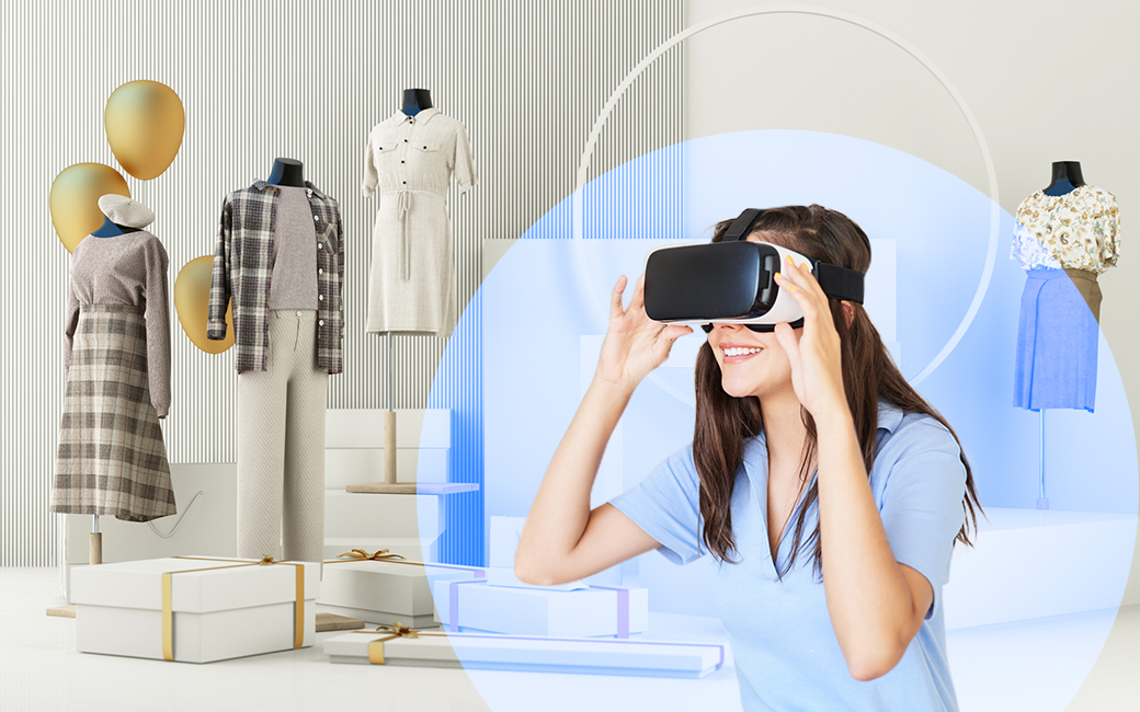 Mujer con gafas de VR viendo ropa.