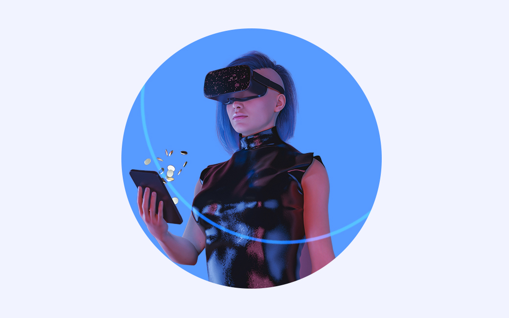 Mujer con gafas de VR y móvil.