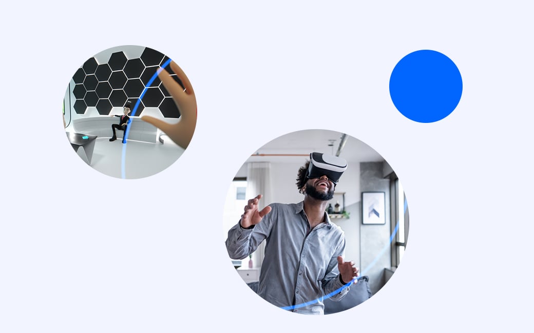 Esferas con una imagen dentro del metaverso y una persona con unas gafas de realidad virtual.