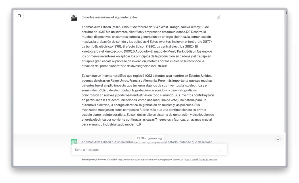 Ejemplo de resumen de texto en ChatGPT.