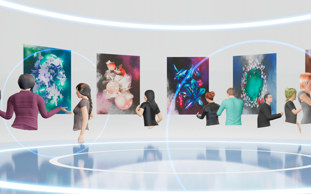 Avatares visitando una galería dentro de un mundo virtual.