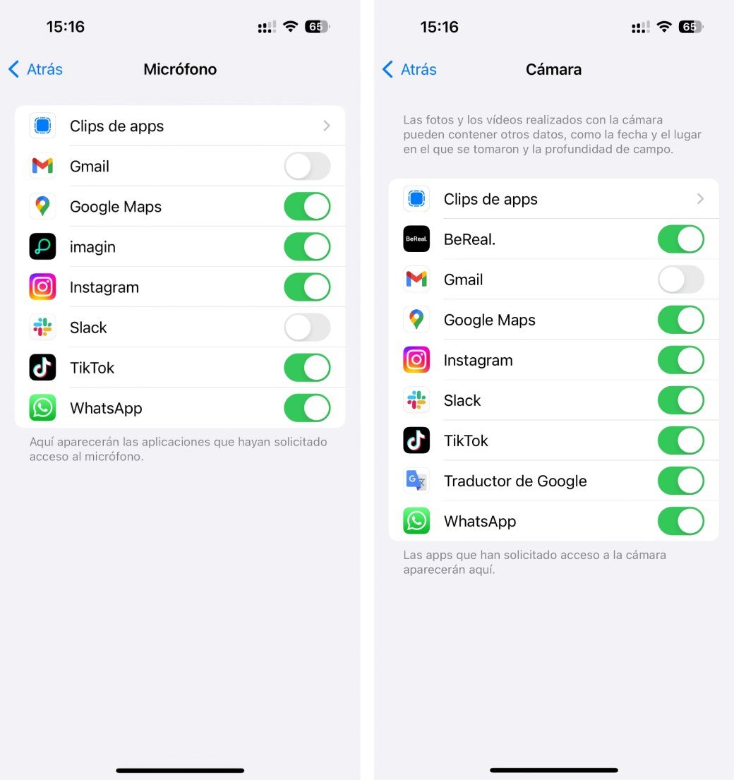 Permisos de cámara y micrófono en los ajustes del iPhone