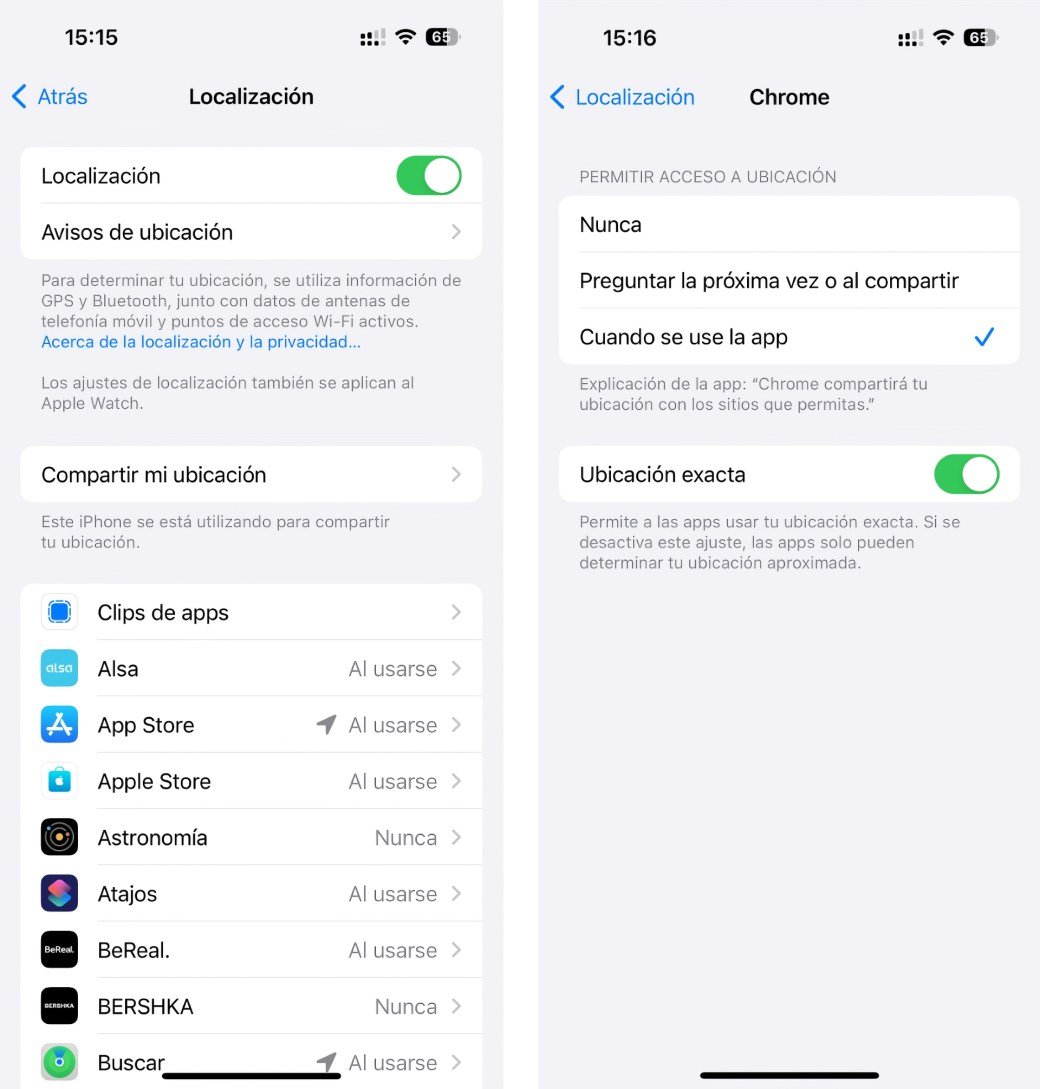 Permisos de localización en los ajustes del iPhone.