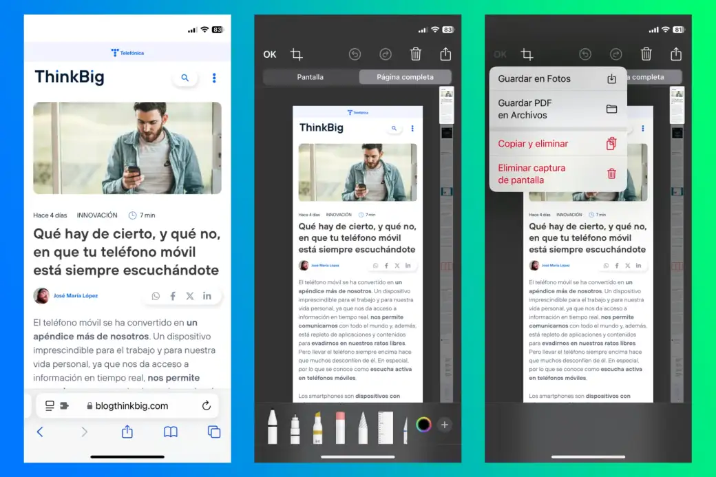 Tu iPhone permite hacer una captura de una página completa como imagen o PDF