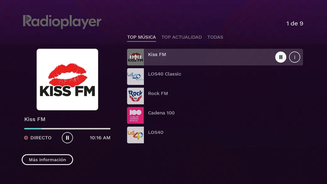 Pantalla de Radioplayer mostrando las distintas emisoras