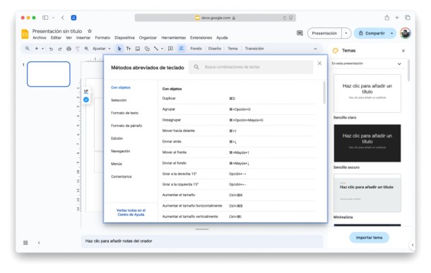 Combinaciones de teclas, trucos Google Slides.