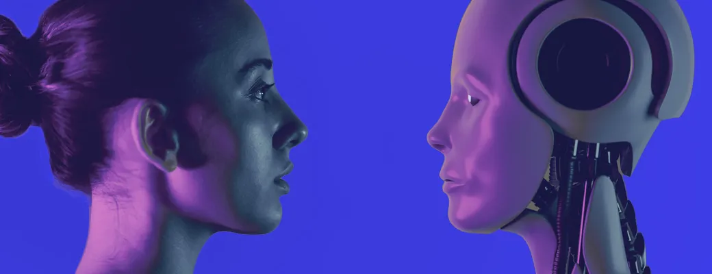 persona mirandose cara a cara con un robot