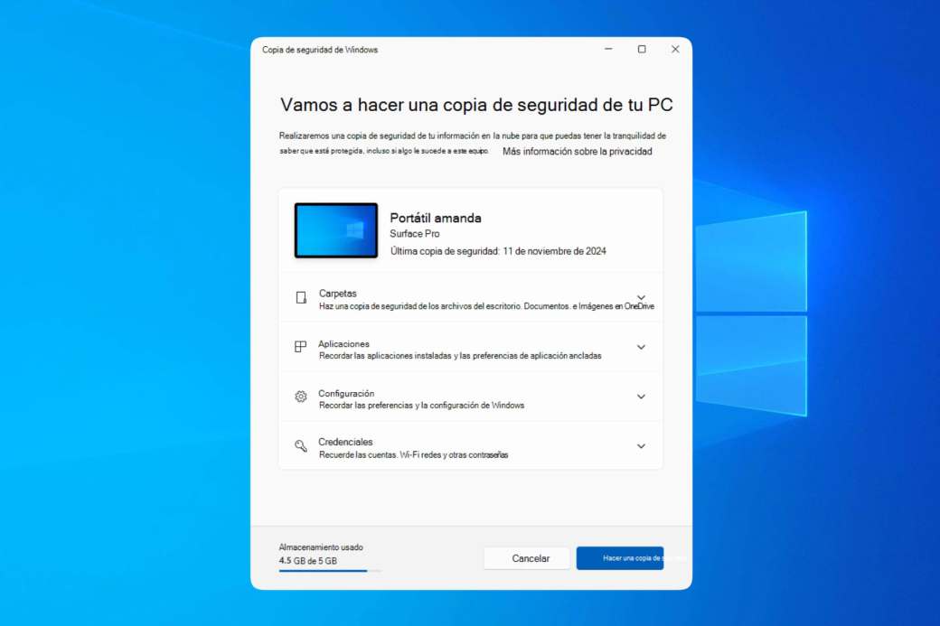 Ampliar el soporte de Windows 10 hasta 2026 con la Copia de seguridad de Windows
