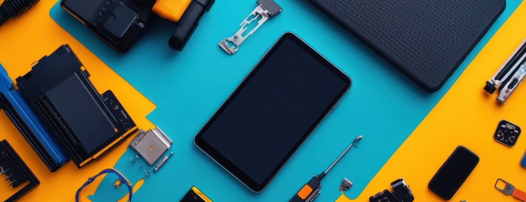 disposicion-plana-de-aparatos-y-herramientas-tecnologicas-modernas-en-un-telon-de-fondo-vibrante-que-muestra-la-innovacion-y-la-creatividad-en-la-tecnologia