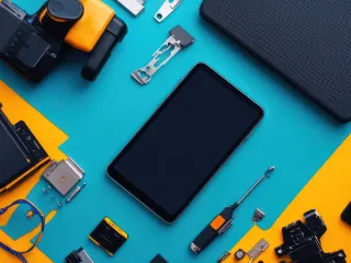 disposicion-plana-de-aparatos-y-herramientas-tecnologicas-modernas-en-un-telon-de-fondo-vibrante-que-muestra-la-innovacion-y-la-creatividad-en-la-tecnologia