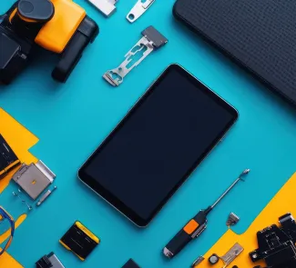 disposicion-plana-de-aparatos-y-herramientas-tecnologicas-modernas-en-un-telon-de-fondo-vibrante-que-muestra-la-innovacion-y-la-creatividad-en-la-tecnologia