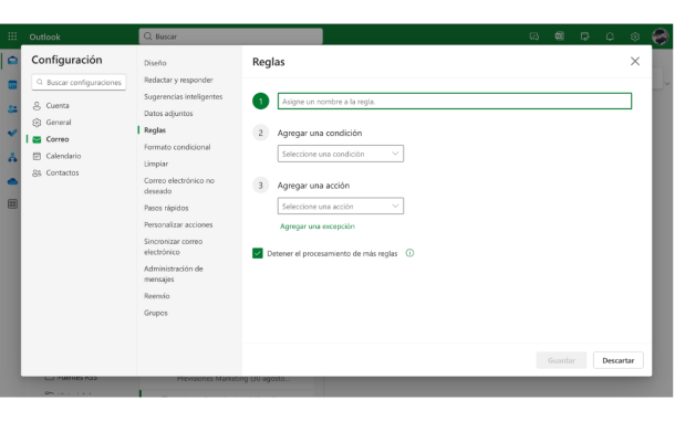 reglas outlook correo captura pantalla