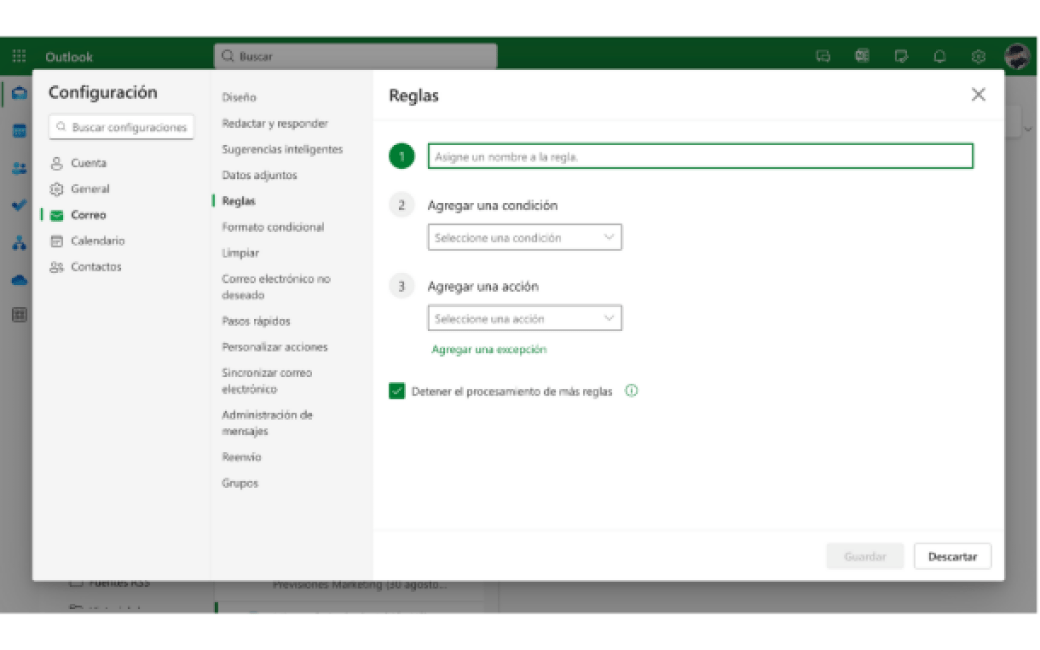 reglas outlook correo captura pantalla