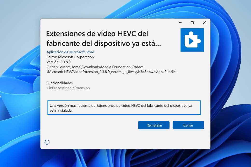 Windows es compatible con el códec HEVC si instalas una extensión desde su tienda de aplicaciones