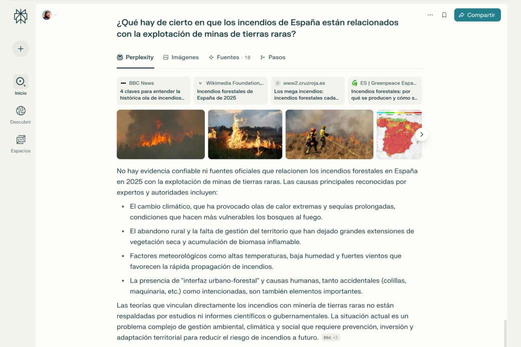 Ejemplo de búsqueda en Perplexity para comprobar si un rumor o bulo es cierto o no