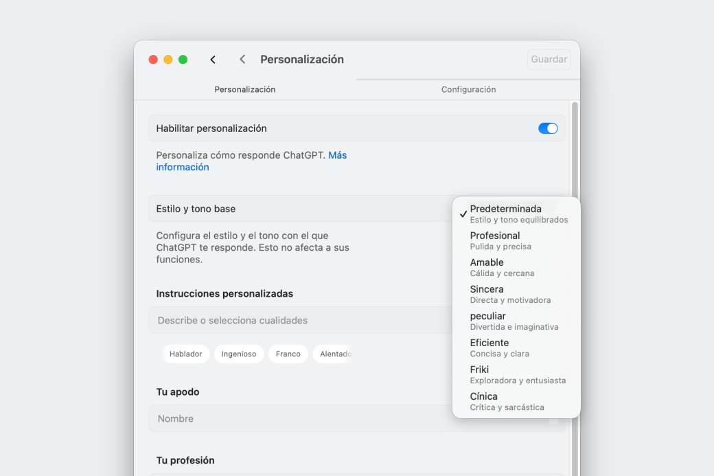 Cambiar la personalidad de ChatGPT