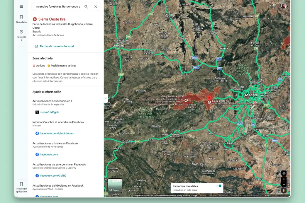 Mapa de incendios en Google Maps