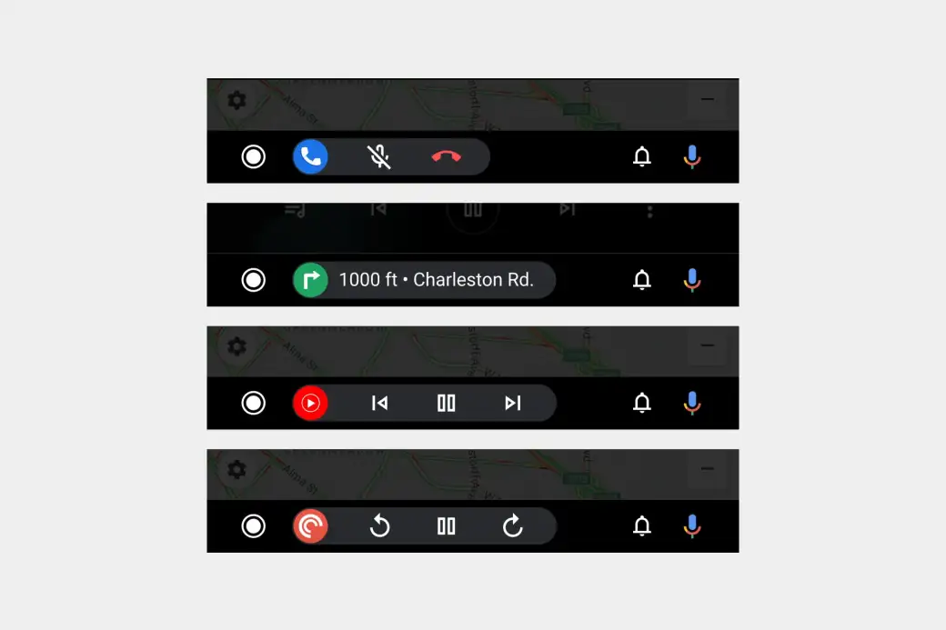 Varios ejemplos de controles rápidos en la barra de tareas de Android Auto