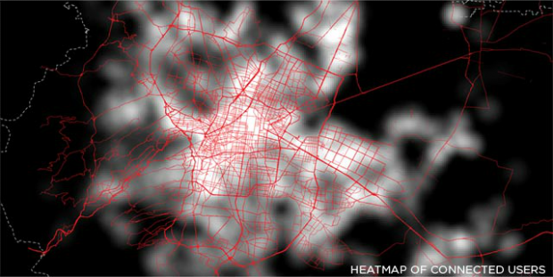 Mapa de calor de usuarios conectados en ciudades grandes